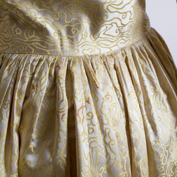 Vintage 1950s Gold Satin Squiggle Rose Cocktail Party Dress Holiday Golden 50s S - Picture 10 of 10